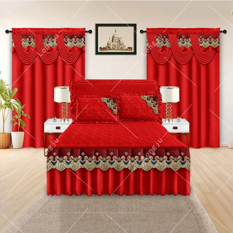 Luxury-Bedspread-Set-with-Matching-Curtains-Bedding-Sets-5-Piece-Bed-Skirt-for-King-Size-Free-Shipping