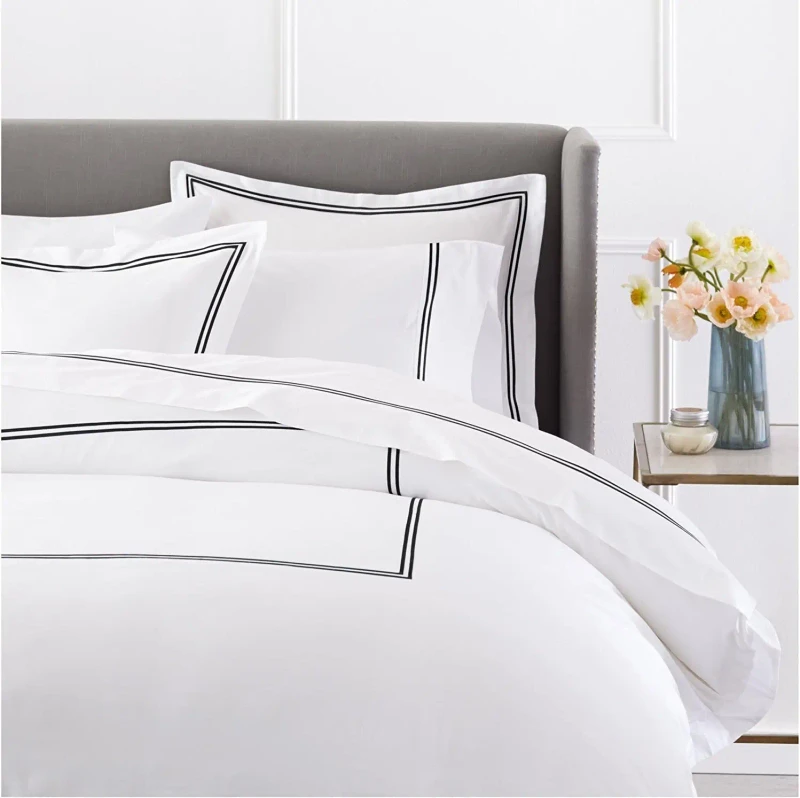 Luxury-Cotton-Embroidered-2-Stripe-Design-Soft-Brushed-Full-Queen-Size-White-Black-Duvet-Cover-Set