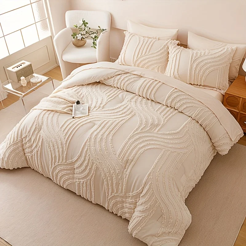 Luxury-Cream-Tufted-3Pcs-Polyester-Bedding-Set-Soft-Lightweight-Comforter-Set-with-Pillowcases-for-Home-Bedroom