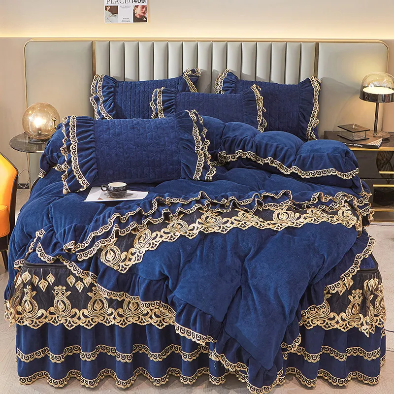 Luxury-Detachable-Bed-Skirt-4-Piece-Bedding-Set-Floral-Lace-Trim-Winter-Warm-Queen-King-Size