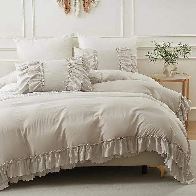 Luxury-Farmhouse-Duvet-Cover-Set-Beige-2-Layer-Ruffled-Design-in-Super-Soft-Microfibre-Bedding-Set-with-Pillowcases