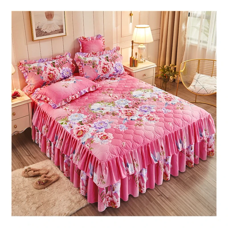 Luxury-Hotel-Floral-Bedspread-Sheet-Bed-Skirt-Set-Printed-Thickened-Non-Slip-Floral-Design-80-Opp-Bag-for-Home