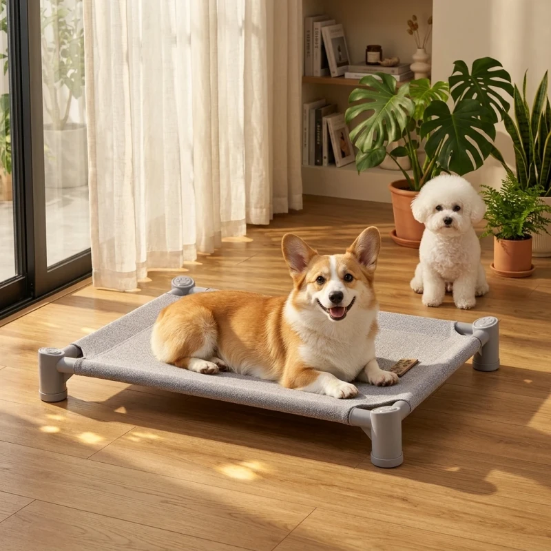 Luxury-Modern-Elevated-Dog-Bed-Grey-Premium-Manmade-Linen-Washable-Pet-Cot-with-L-shaped-Support-Pillow-Box-Customization