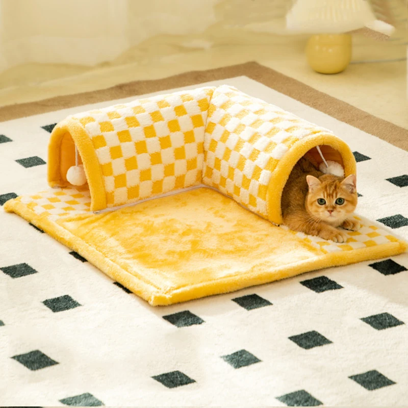 Luxury-Modern-Square-2-in-1-Foldable-Linen-Pet-Bed-with-Cat-Bed-Cave-and-Dog-Kennel-and-Tunnel-Toy-for-Small-Animals
