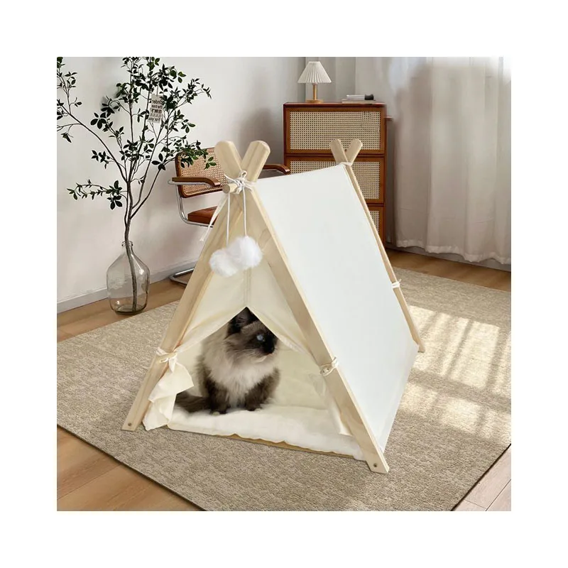 Luxury-Pet-House-Sleeping-Tent-Summer-Cooling-Mat-Semi-Enclosed-Nest-Cute-Wood-Cat-Bed