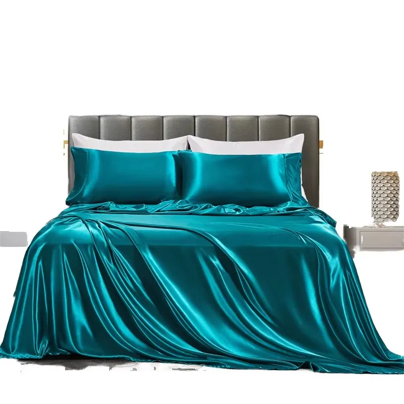 Luxury-Satin-Silk-Customizable-4-Piece-Summer-Bedding-Sets-All-Sizes-Woven-Polyester-Plain-Fitted-Sheet-Flat-Sheet