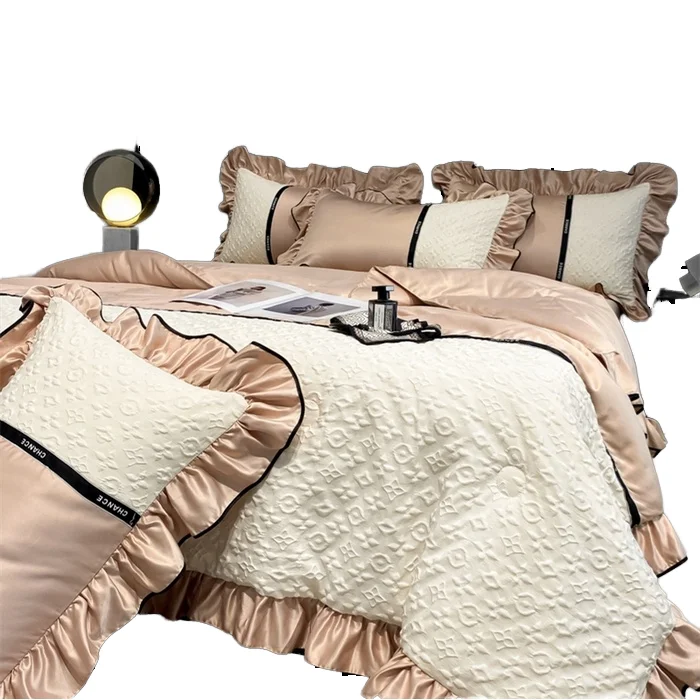 Luxury-Summer-Cooling-Quilt-Set-Washed-Ice-Silk-Embossed-4-Piece-Silky-Soft-Bedding-Princess-Style-Lightweight-Duvet-Cover