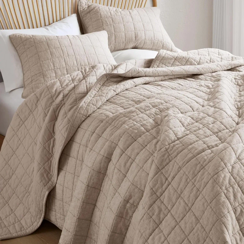 Luxury-Wash-Cotton-Linen-Quilt-Set-Bedspread-and-Coverlet-Box-Stitched-with-2-Pillow-Shams-Natural-Linen