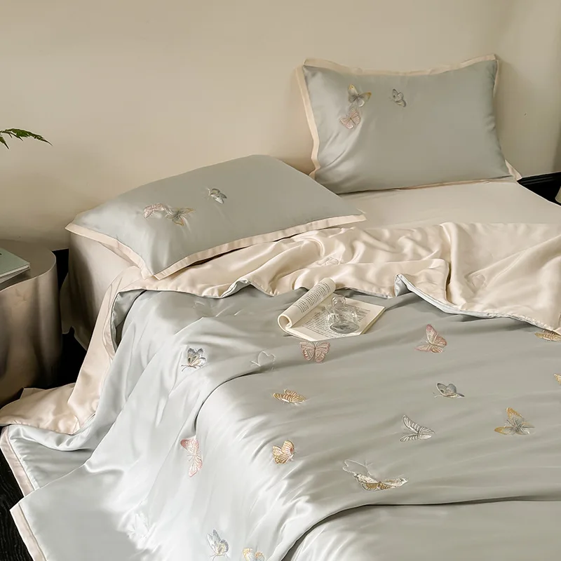 Lycocell-Fiber-Summer-Quilt-Four-Piece-Set-Floral-Print-Ice-Silk-Lightweight-Machine-Washable-French-Vintage-Style-B32