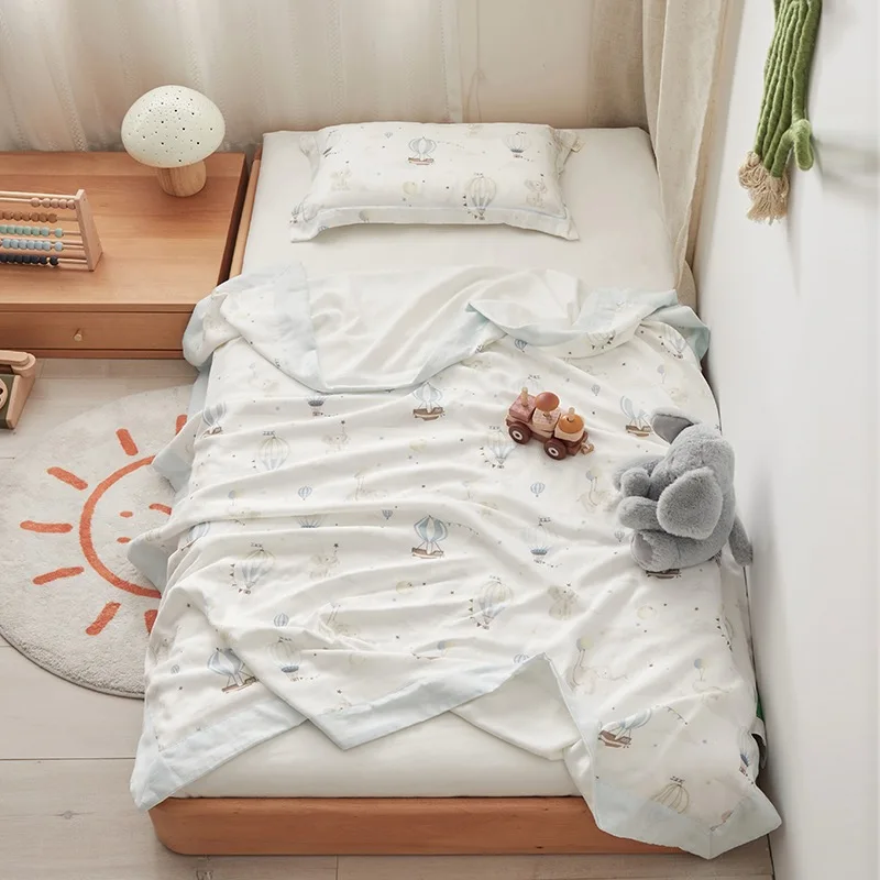 Lyocell-Bamboo-Fiber-Home-A-Type-Cartoon-Printed-Four-Layer-Yarn-Childrens-Blanket-With-Pillowcases-3PCS-Bedding-Set