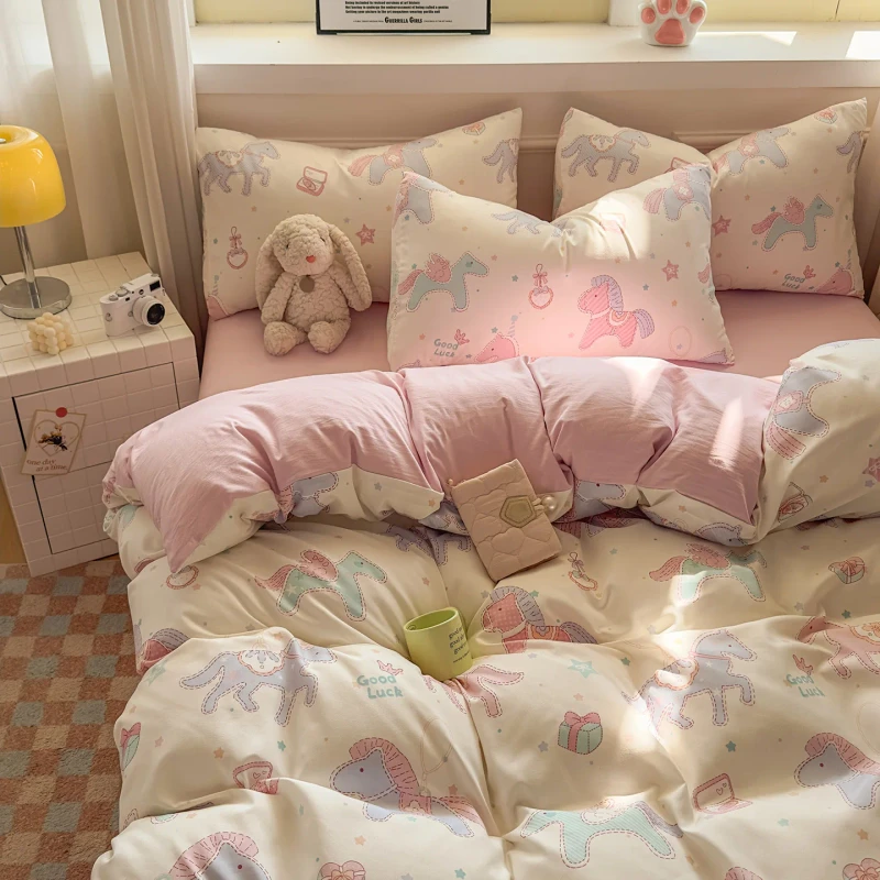 Macaron-Hued-Cute-Cartoon-Cotton-4-Piece-Bedding-Set-Ultra-Soft-Breathable-Duvet-Cover-Set-for-Kids-and-Teens-Bedroom