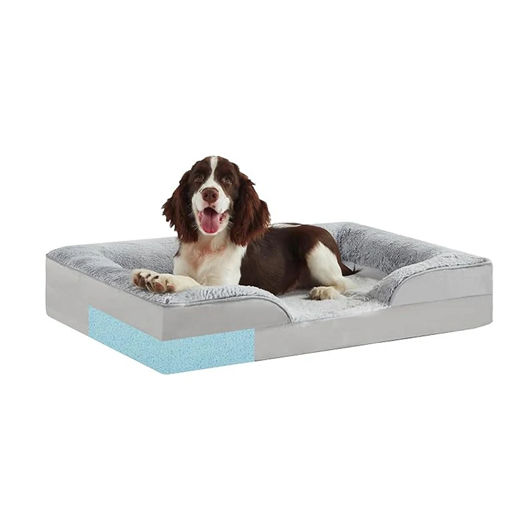 Manufacturer-Custom-High-Quality-Light-Gray-Plush-Pet-Bed-Orthopedic-Memory-Foam-Big-Dog-Sleeping-Mat-with-4-Sides-Pillow