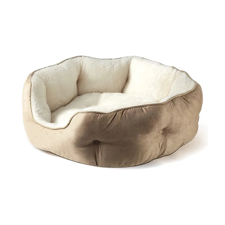 Manufacturer-Cute-Unique-Comfortable-Anti-Stress-Round-Dog-Cat-Bed-Small-Size-Beige-Color-Warm-Winter-Plush-Pet-Bed
