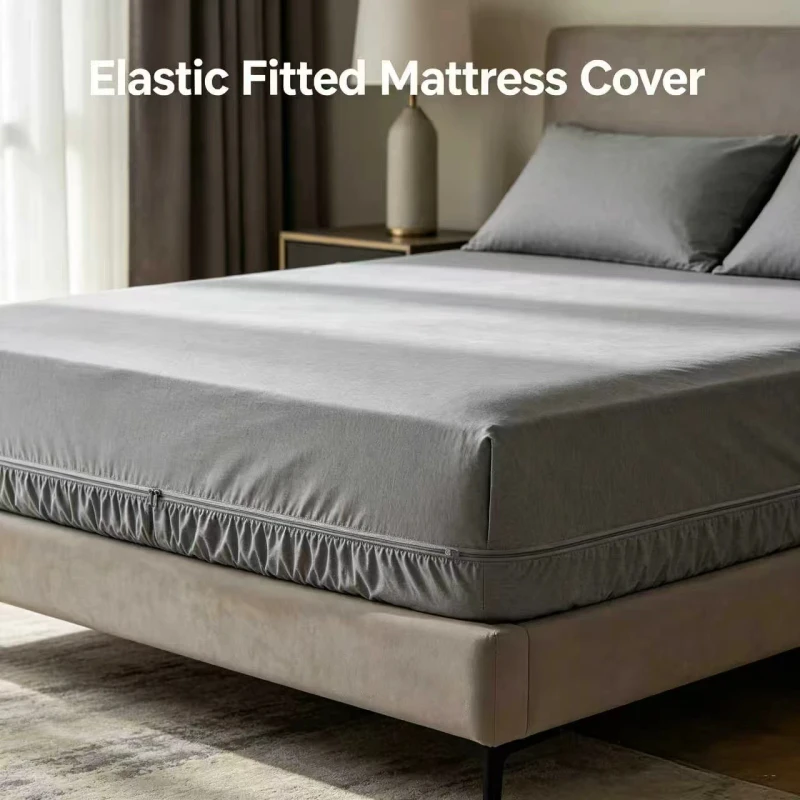 Mattress-Protector-Cover-Polyester-Gray-Soft-Breathable-Noiseless-Waterproof-Stretchable-Fitted-Sheet
