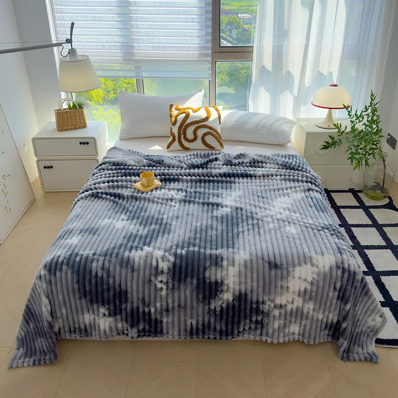 Microfiber-Fabric-Home-Sofa-Bed-Flannel-Air-Conditioning-Blanket-Grey-Print-Soft-and-Warm
