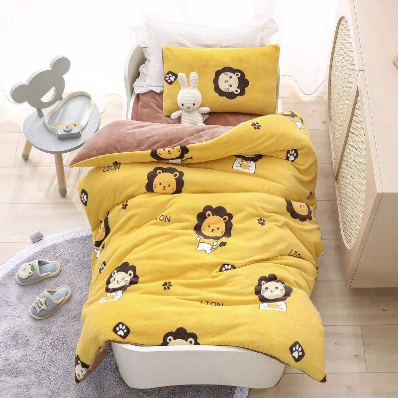 Milk-Velvet-Thick-Duvet-Cover-Three-Piece-Set-Cute-Brown-Bear-Little-Dinosaur-Cartoon-Printing-Pattern-ChildrenS-Bedding-Set