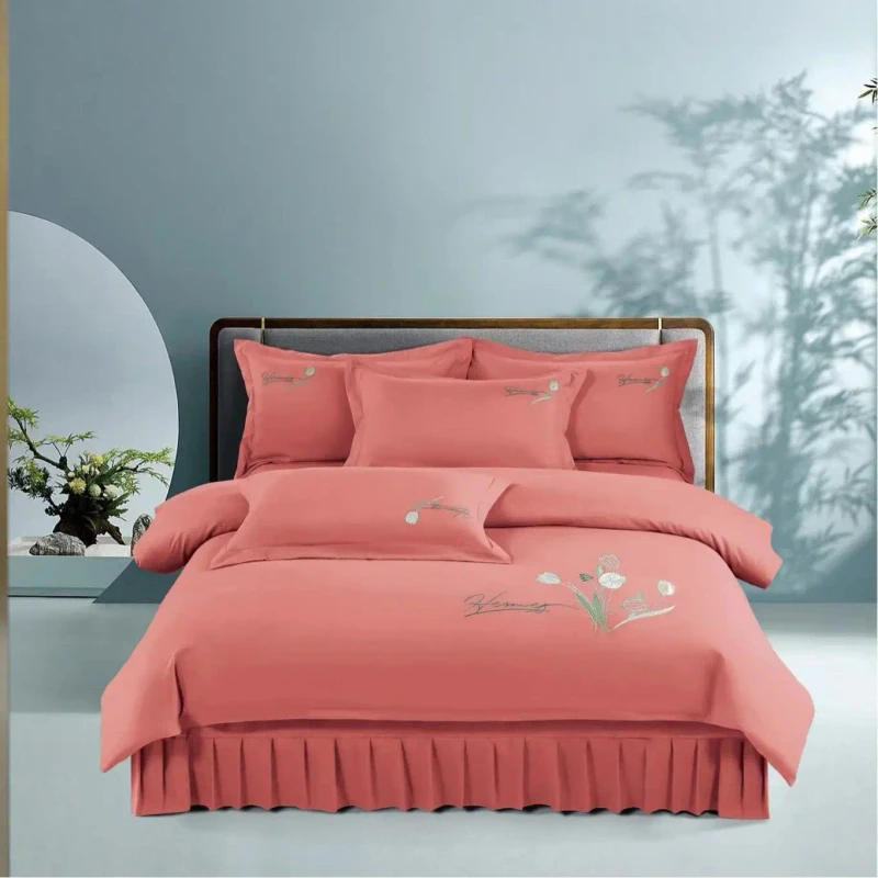 Modal-4pcs-Home-Textiles-Embroidery-Pink-Ruffles-Bed-Fitted-Sheets-Designer-Bedding-Set