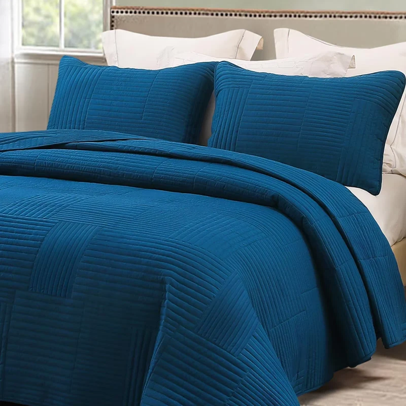 Modern-All-Season-Polyester-Quilt-Set-Striped-Pattern-Soft-Lightweight-Bedspread-2-Pillowshams-Plain-Color-Customizable