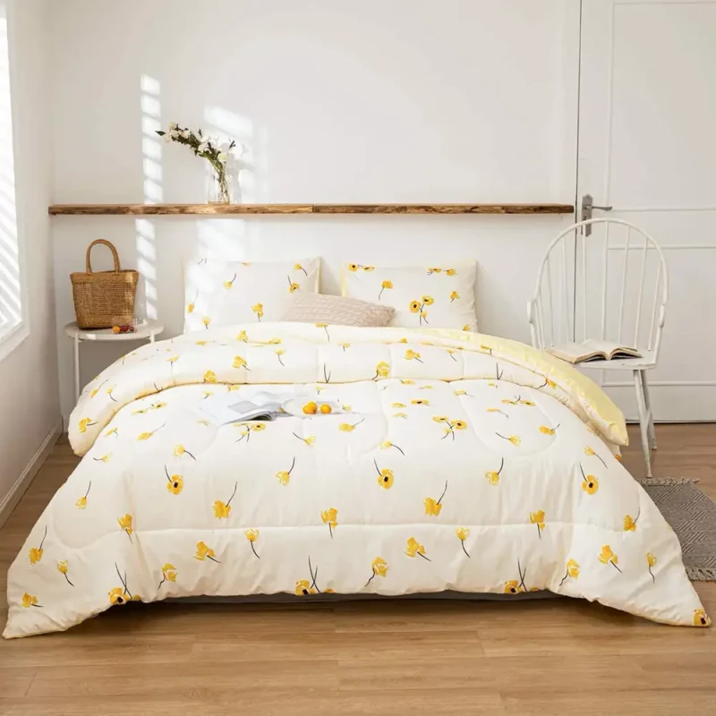Modern-Breathable-Hypoallergenic-Yellow-Flower-Printed-All-Season-Machine-Wash-Bedding-Comforter-Sets