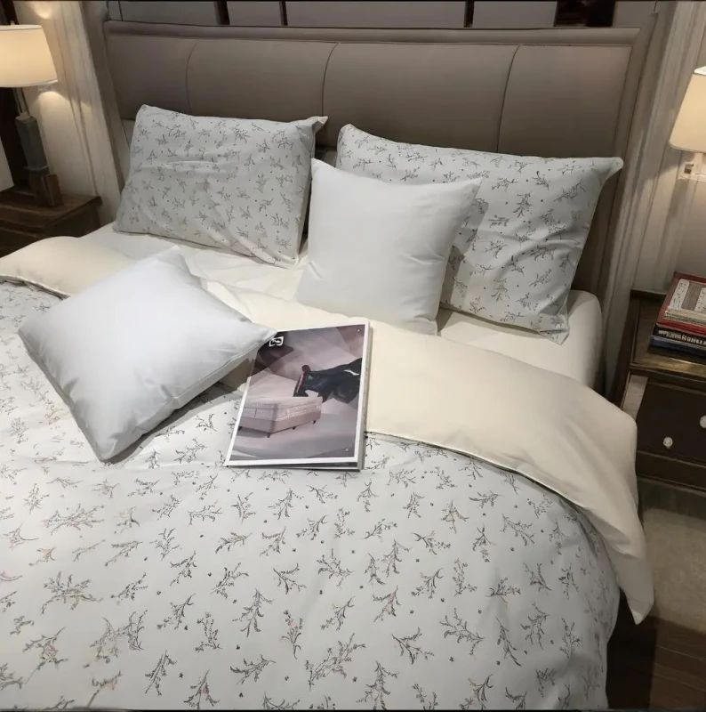 Modern-Eco-Friendly-Flat-Fitted-Sheets-2-Pillowcases-Duvet-Cover-Breathable-Cooling-All-Seasons-Cotton-Polyester-Four-Piece-Set