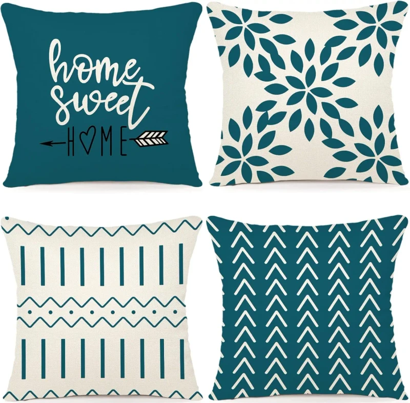 Modern-Linen-Square-Pillow-Cover-18-18-Inches-with-Cyan-Geometric-Line-Pattern-Used-for-Home-and-Outdoor-Decoration