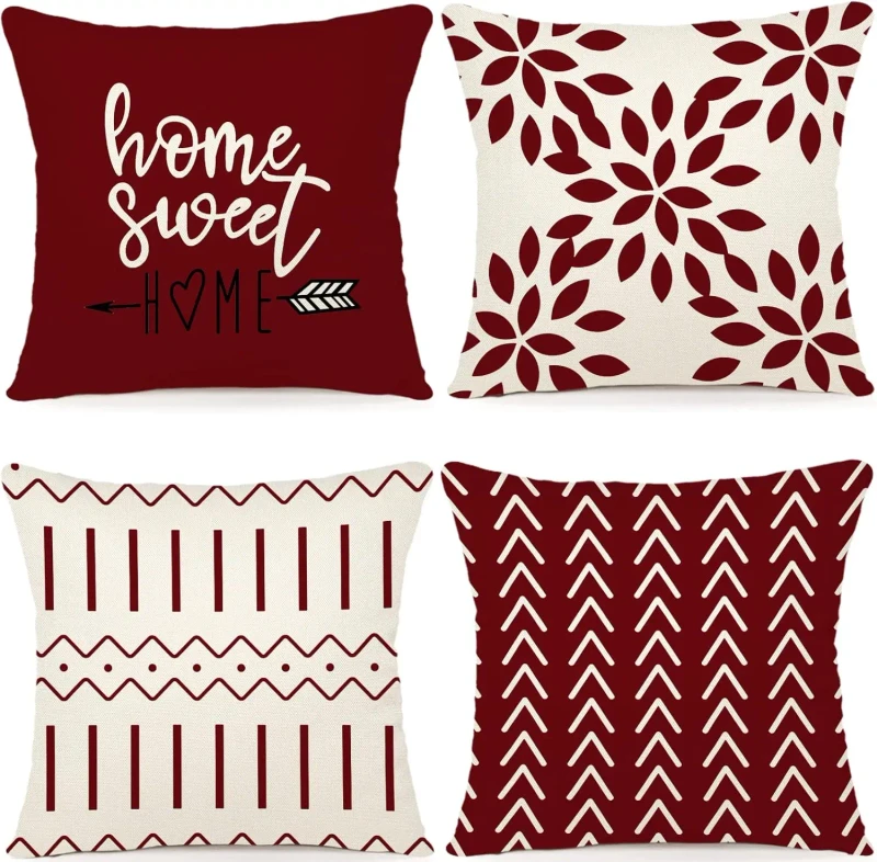 Modern-Linen-Square-Pillow-Cover-18-18-Inches-with-Wine-Red-Geometric-Line-Pattern-Used-for-Home-and-Outdoor-Decoration