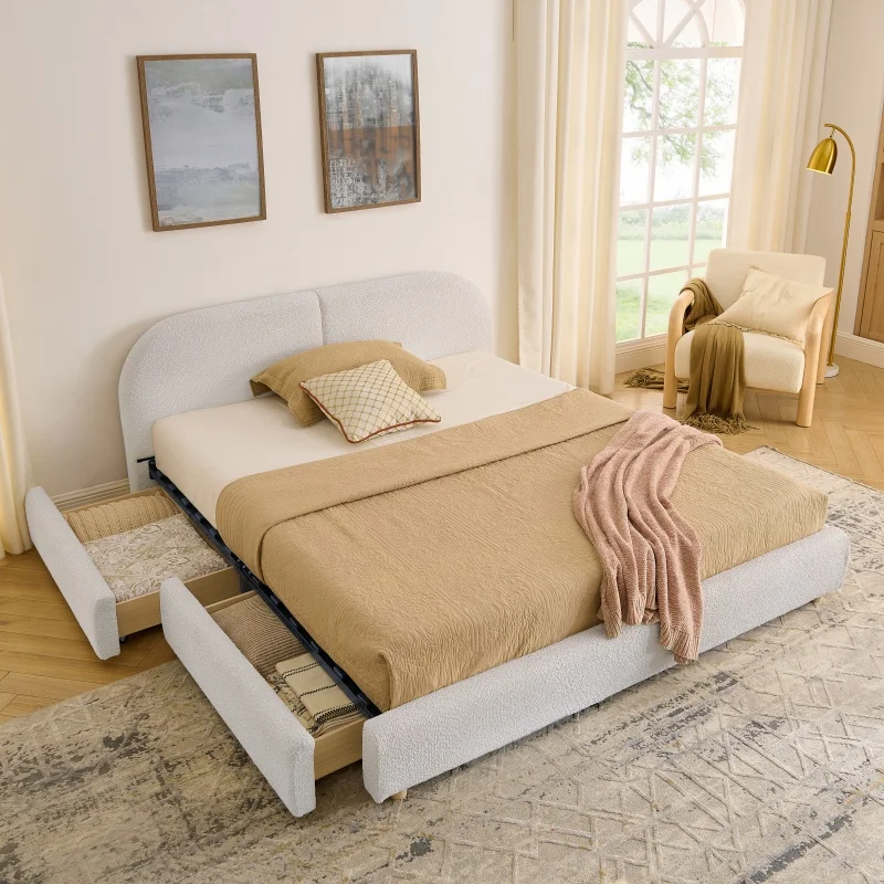 Modern-Minimalist-Style-Queen-Size-Beige-Tall-Curved-Headboard-Wheeled-Drawer-Storage-Upholstered-Bed-Frame