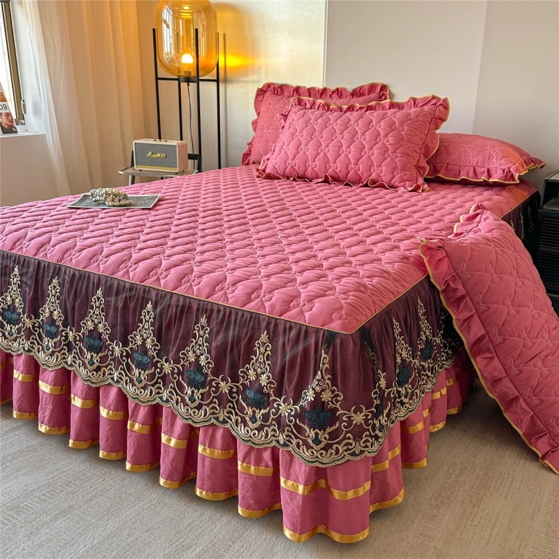 Modern-Soft-Hotel-Home-Floral-Embroidered-Lace-Bedding-Set-Skirt-Duvet-Pillowcase-100-Polyester-300tc-Easy-Care