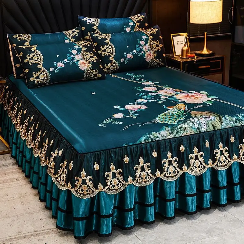 Modern-Style-Microfiber-Quilted-Bed-Skirt-Ruffled-Printed-Cartoon-Pattern-Bedspread-Bedding-Set