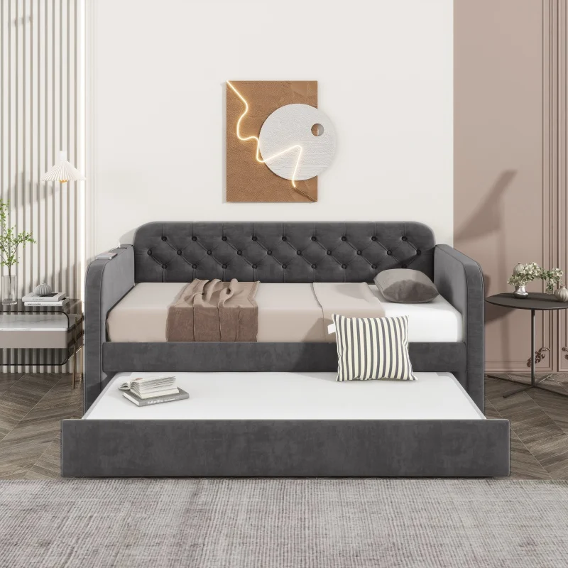 Modern-Twin-Size-Dark-Grey-Velvet-Fabric-Upholstered-Daybed-Frame-USB-Charging-Design-Sofa-Bed-for-Living-Room