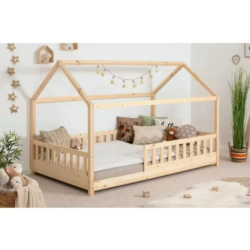 Montessori-House-Bed-Children-Wood-Babi-Bed-Kids-Babies-Bedding-Modern-Simple-Wood-Frame-Floor-Kids-Bed-With-Guardrail