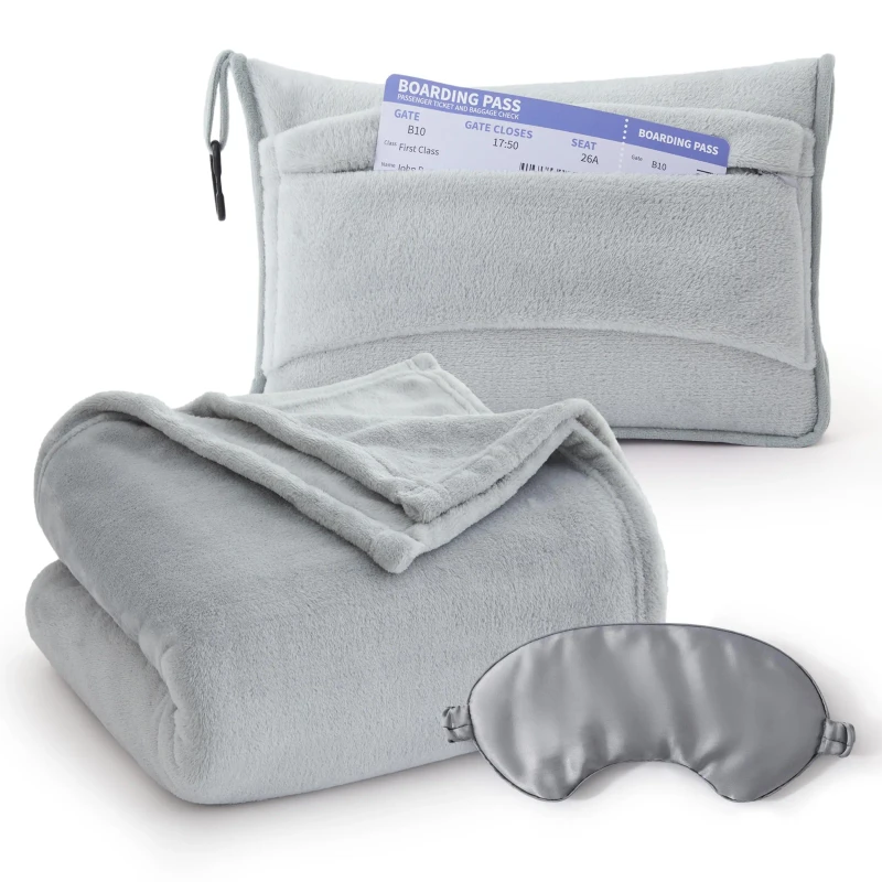 Multi-Functional-Portable-and-Packable-2-in-1-Travel-Pillow-and-Blanket-Set-Knit-Travel-Blanket-Airplane-Compact-with-Eye-Mask