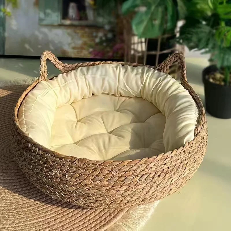 Natural-Straw-Nest-Woven-Handmade-Pet-House-Winter-Warm-Cat-Bed-Cat-Scratching-Board-Dog-Nest-with-Soft-Cushion