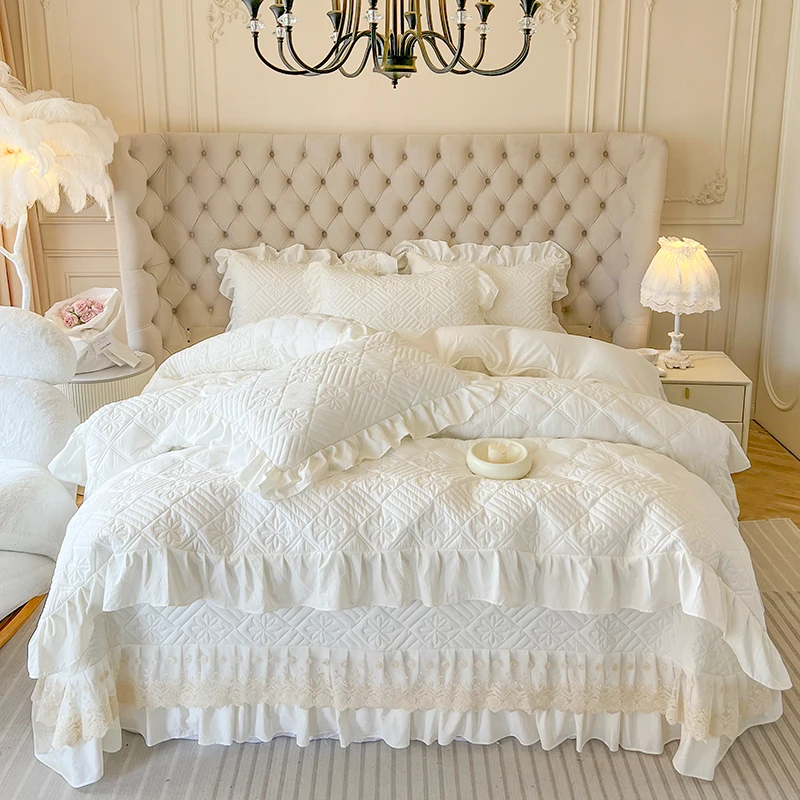 New-Arrival-White-Beige-Ruffled-Lace-Thicken-Comforted-Bedspread-Sheet-Set