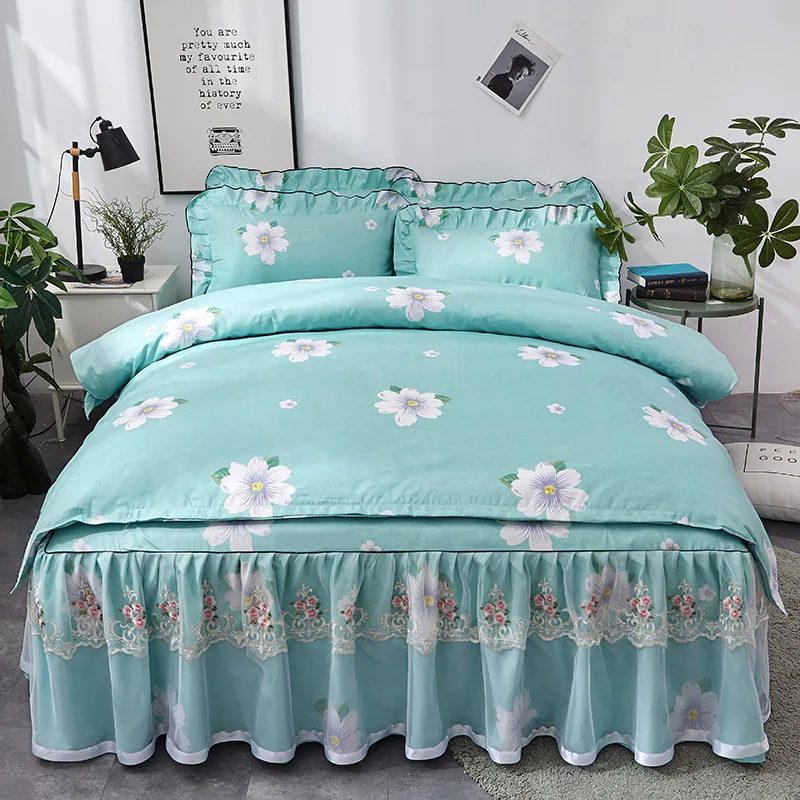New-Design-Floral-Printing-Embroidery-Lace-Four-Piece-Bed-Skirt-Thickening-Bed-Sheet-Quilt-Cover