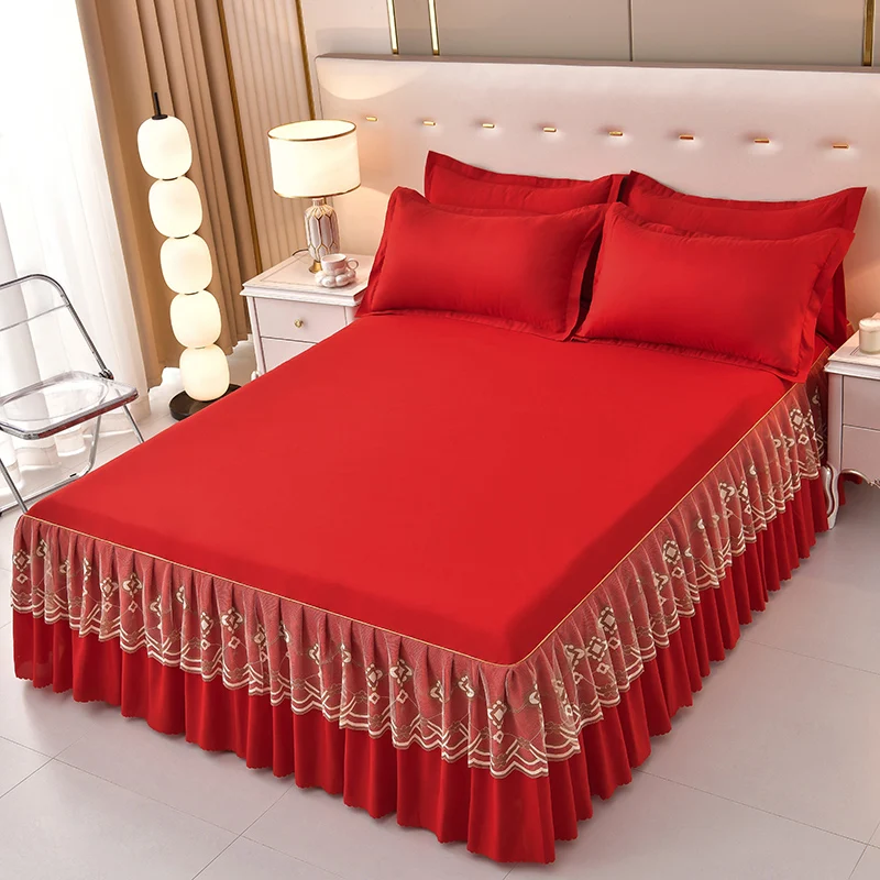 New-Designs-Solid-Color-Cotton-Brushed-Embroidery-Lace-Skirt-Sheet-Bed-Sheets