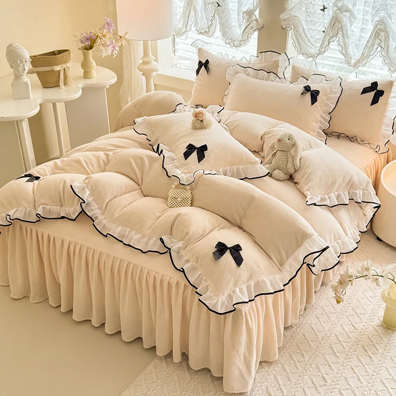 New-Unisex-Milk-Velvet-Bed-Skirt-Four-Piece-Set-Bowknot-Design-Thickened-Fleece-Lined-Winter-Bed-Sheet-Duvet-Cover-Bedding