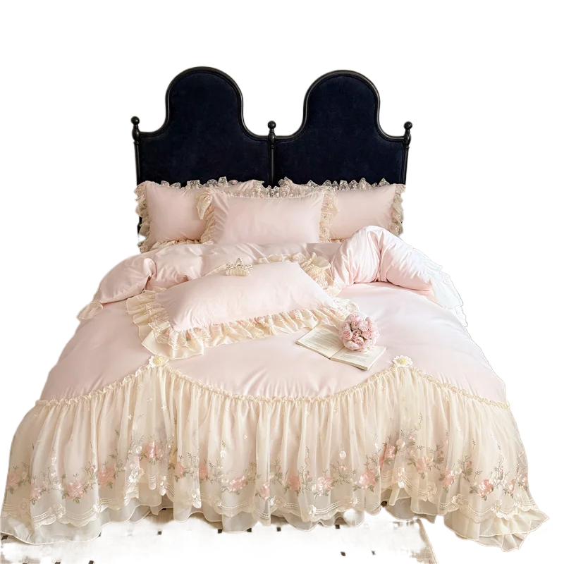 New-Washed-Skin-Friendly-Cotton-Chiffon-Lace-Princess-Style-4PCS-Bedding-Set-300TC-Waterproof-High-Quality-Duvet-Cover-Set