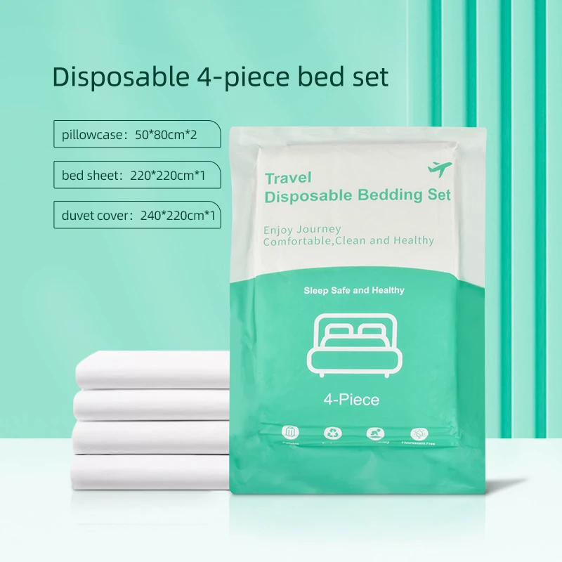 Non-Woven-Breathable-4-Piece-Eco-Friendly-Delicate-Portable-Double-Bed-Sheet-Disposable-Four-piece-Set-for-Hotel-Hospital-Travel