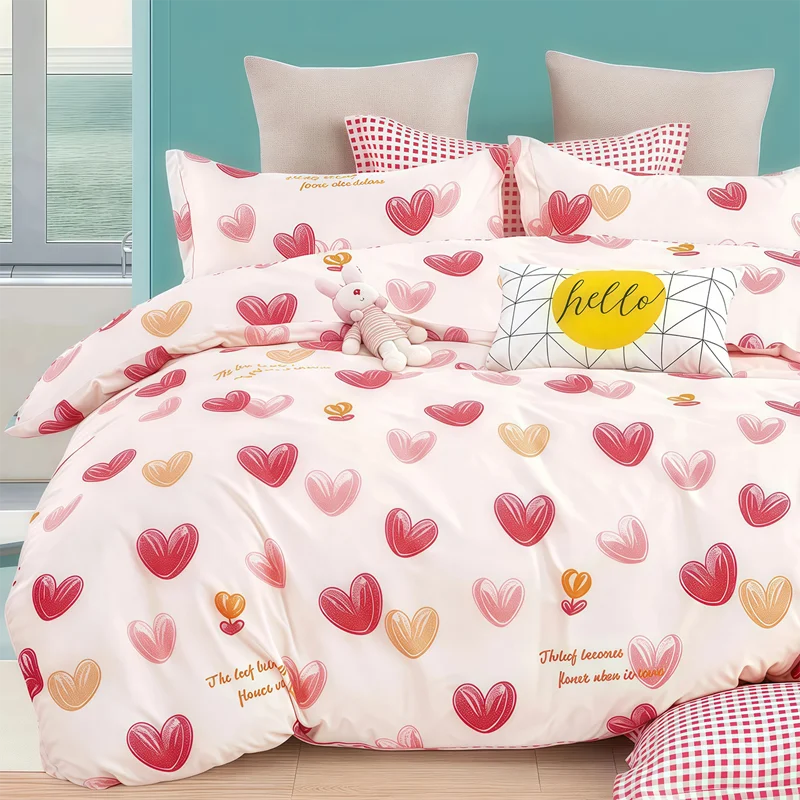 Nordic-Style-4-Piece-Duvet-Cover-Sheet-Set-Microfiber-Red-Heart-Shape-Print