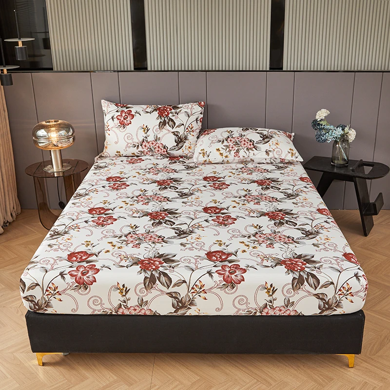 Nordic-Style-Plant-Printed-Microfiber-3PCS-Polyester-Elastic-Quilted-Fitted-Sheet-Set