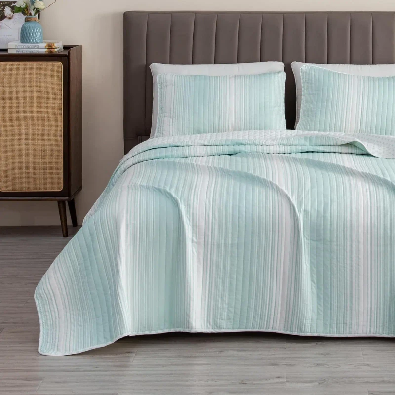 Nordic-Style-Three-Piece-Summer-Quilt-Set-Vertical-Stripe-Quilted-Bed-Cover-Floral-100-Polyester-All-Season
