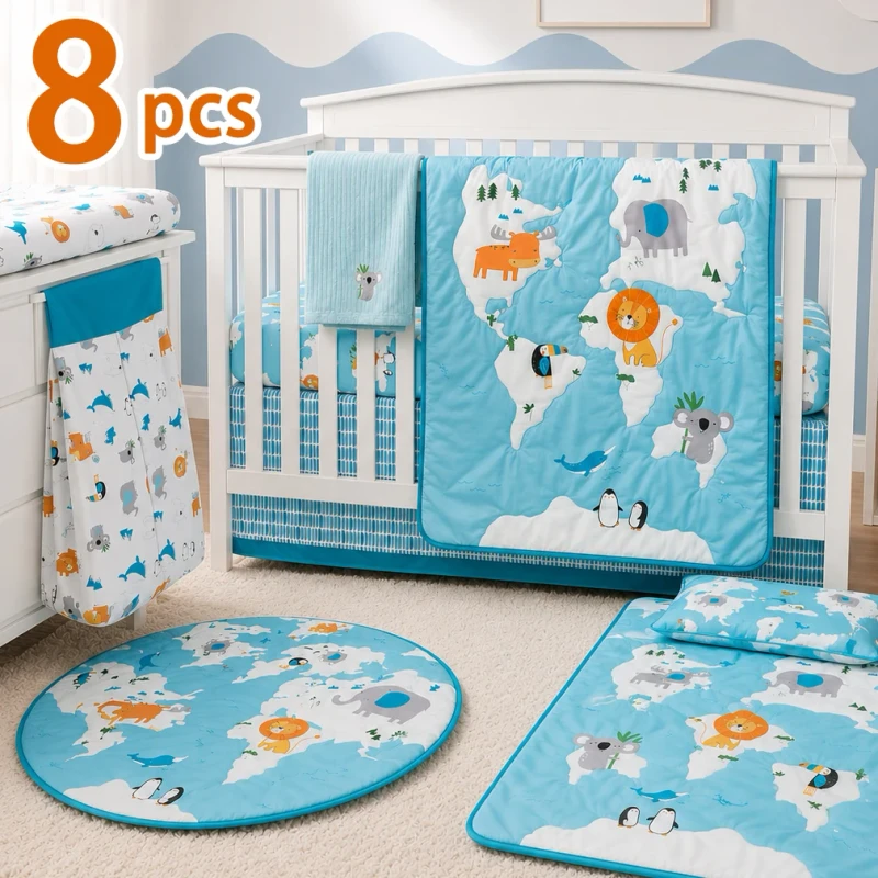 OEKO-TEX100-Blue-Elephant-Themed-8-Pc-Cot-Baby-Girl-Nursing-Bedding-3D-Printed-100-Organic-Cotton-Crib-Bedding-Set-Full-for-Boy