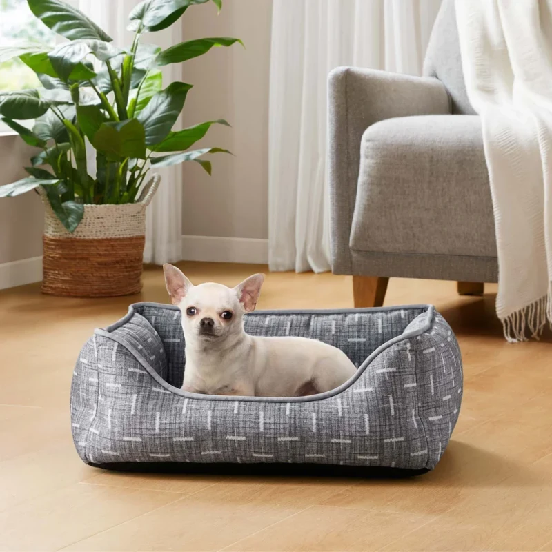 OEMODM-Modern-Linen-Dog-Cat-Bed-Eco-friendly-Soft-Plush-Cuddler-with-Removable-Cover-and-Anti-Slip-Bottom-Box-Packed