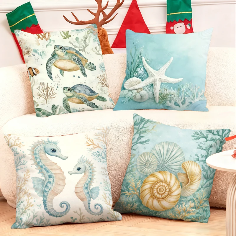 Ocean-themed-throw-pillows-featuring-turtles-seahorses-starfish-and-shells-for-coastal-home-decor