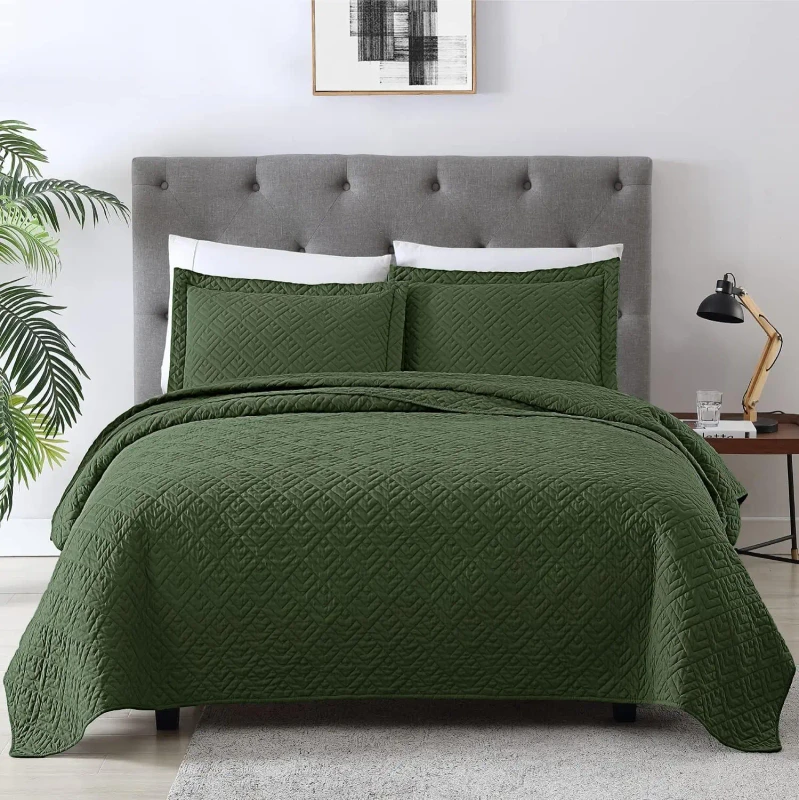 Olive-Modern-Style-Squares-Pattern-Comforter-Set-Full-Queen-Size-Lightweight-Soft-Coverlet-Bedspread-with-1-Quilt-2-Pillow-Shams