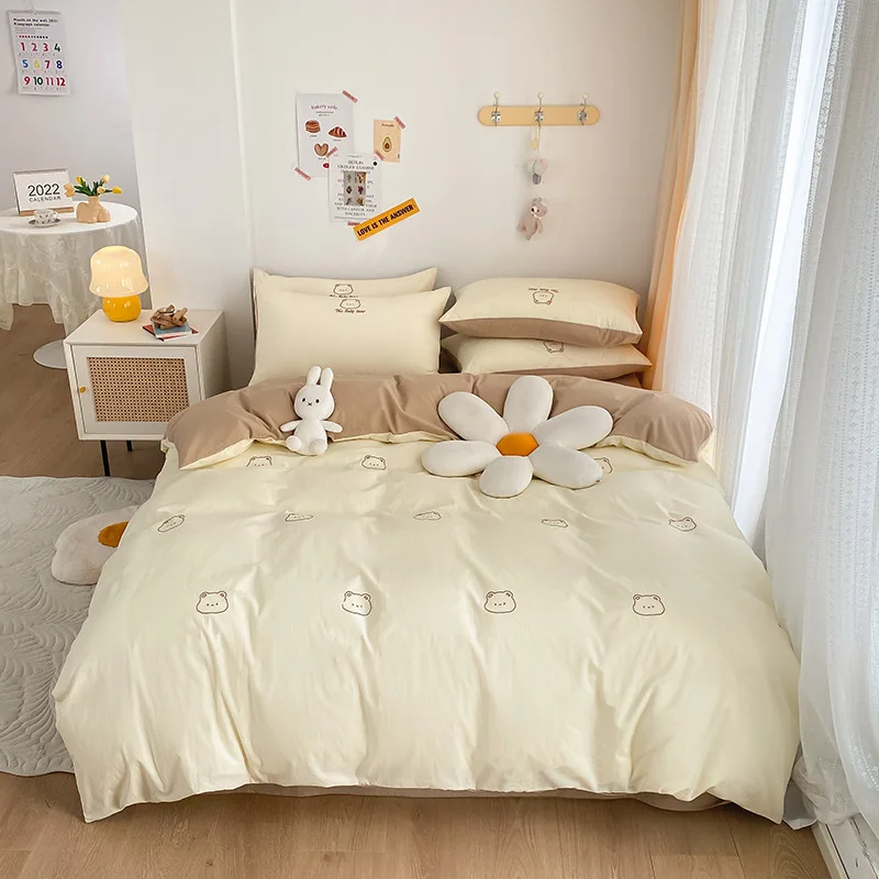 Organic-Eco-Friendly-40S-Pure-Cotton-100TC-Cute-Cartoon-Bear-Pattern-Embroidery-Children-Kids-4Pcs-Bedding-Set