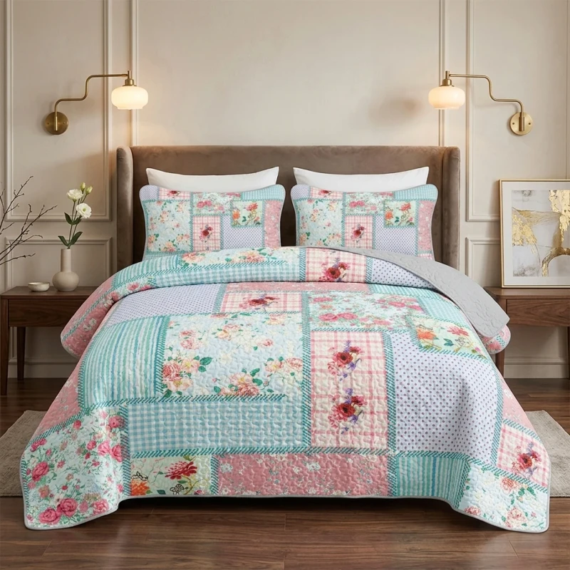 Pastel-Patchwork-Quilted-Bedspread-Set-Floral-Plaid-Print-Bed-Cover-Set-for-Queen-King-Size