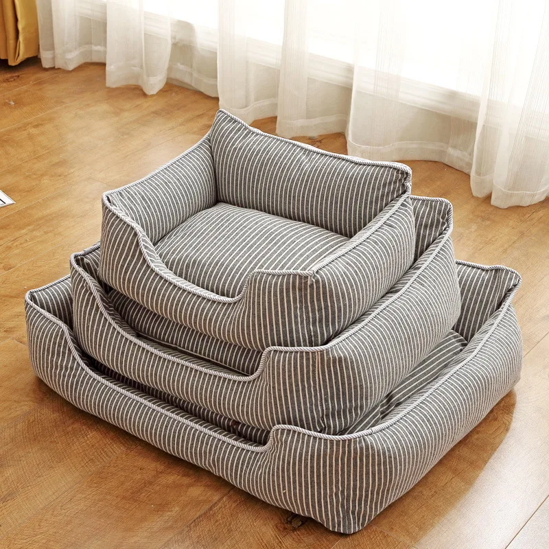 Pet-Bed-Dog-Bed-Cat-Bed-All-Seasons-Japanese-Style-Removable-and-Washable-Cotton-and-Linen-Striped-Suitable-for-Dogs-and-Cats