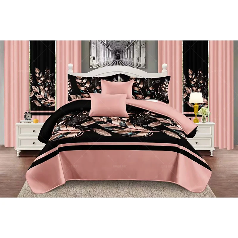 Pink-Color-Printed-Home-Textiles-10-Pieces-Curtain-Bedding-Set-King-Size-Bedspreads-Cotton-Filling-Quilt-Set-Bedsheet-Set